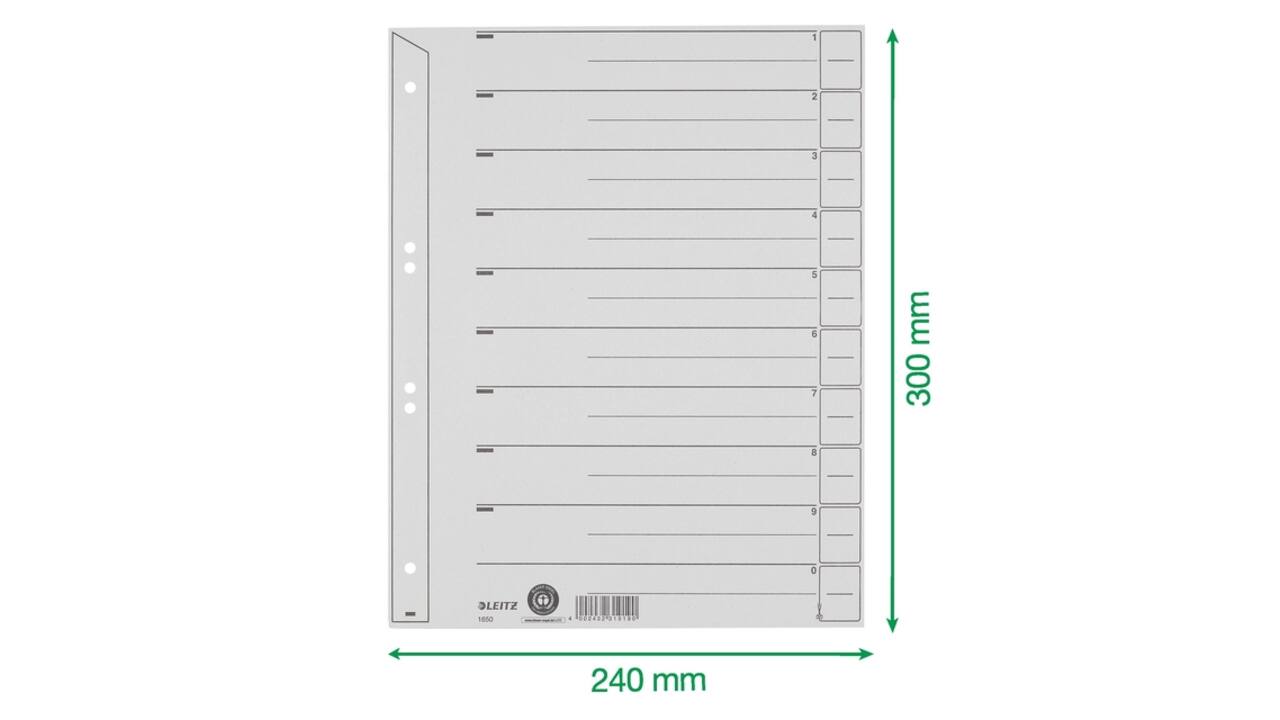 Scheidingsbladen Leitz A4 karton 200gr 6-gaats grijs 100 stuks