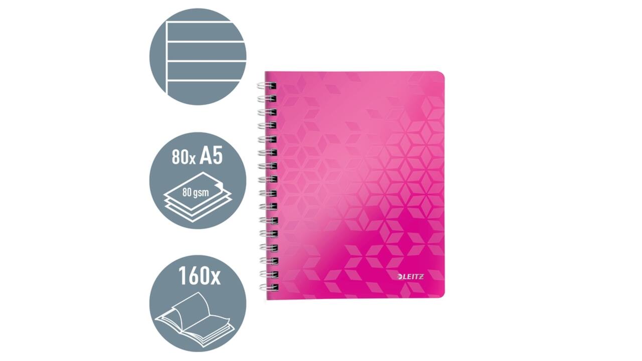 Notitieboek Leitz WOW A5 spiraal 160 pagina's lijn roze