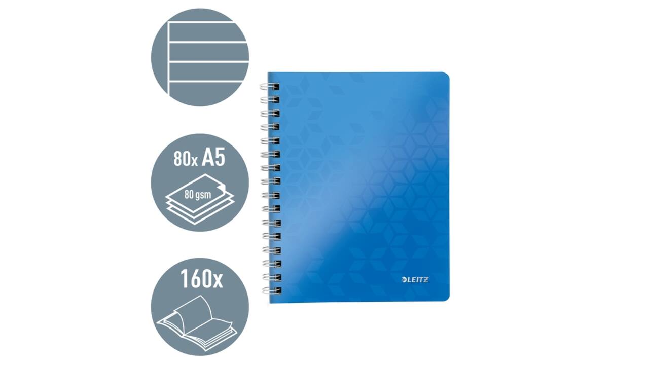 Notitieboek Leitz WOW A5 spiraal 160 pagina's lijn blauw