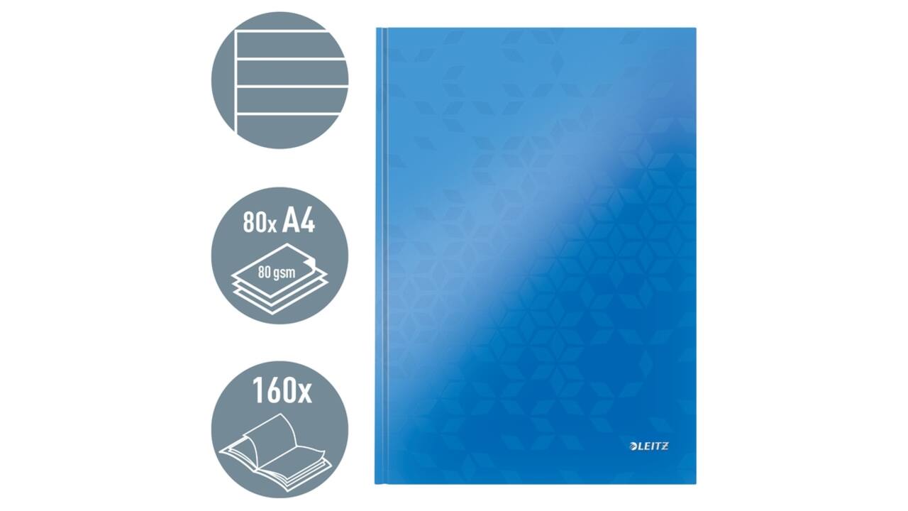 Notitieboek Leitz WOW A4 160blz 90gr lijn blauw