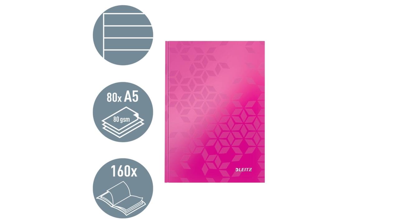 Notitieboek Leitz WOW A5 160blz 90gr lijn roze