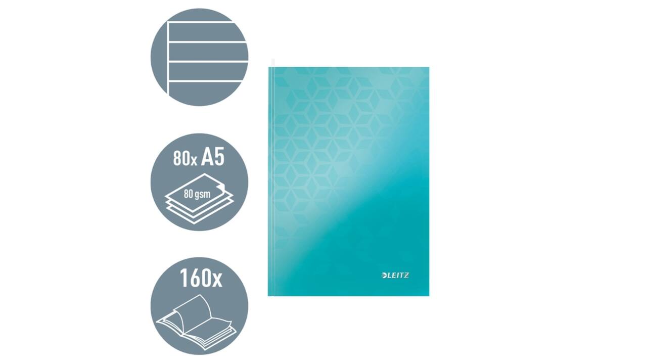 Notitieboek Leitz WOW A5 160blz 90gr lijn ijsblauw