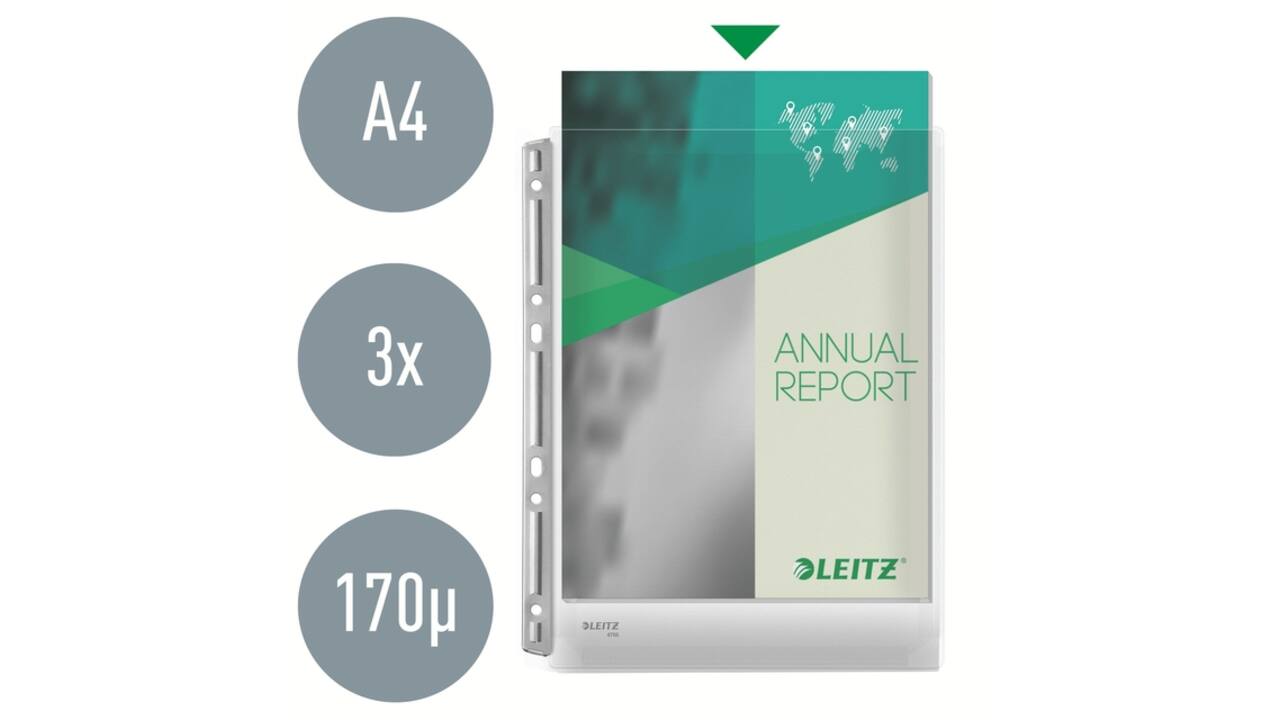 Harmonica showtas Leitz Premium 0.17mm metalen perforatiestrip copy safe A4 glashelder 3 stuks