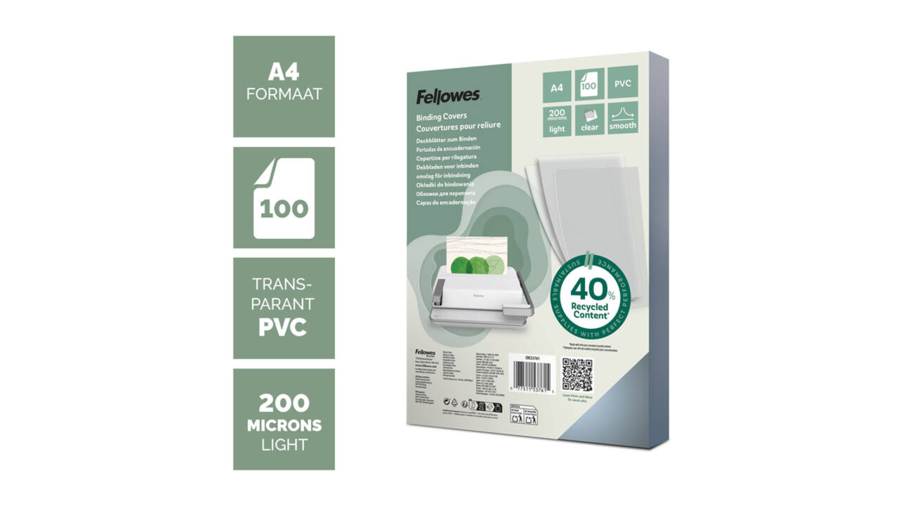 Voorblad Fellowes A4 PVC 200micron recycled 100 stuks