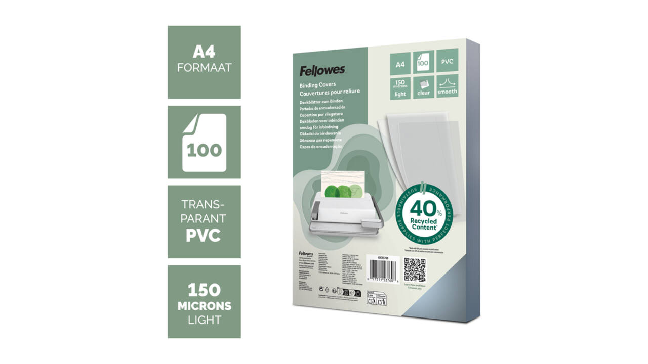 Voorblad Fellowes A4 PVC 150micron recycled 100 stuks