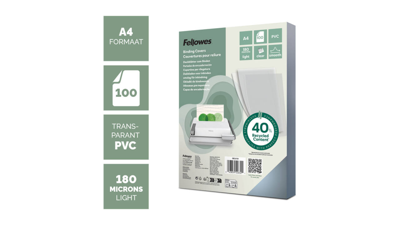 Voorblad Fellowes A4 PVC 180micron recycled 100 stuks