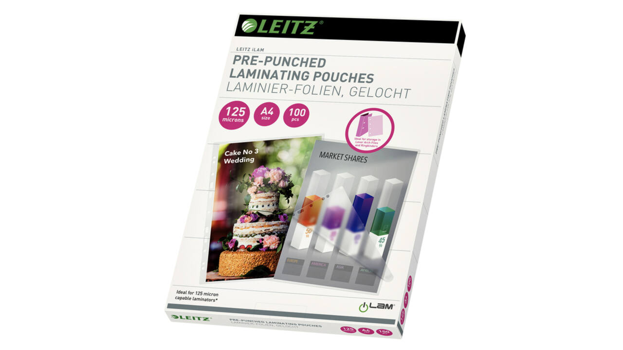 Lamineerhoes Leitz iLAM A4 met perforatieband 2x125micron EVA 100 stuks
