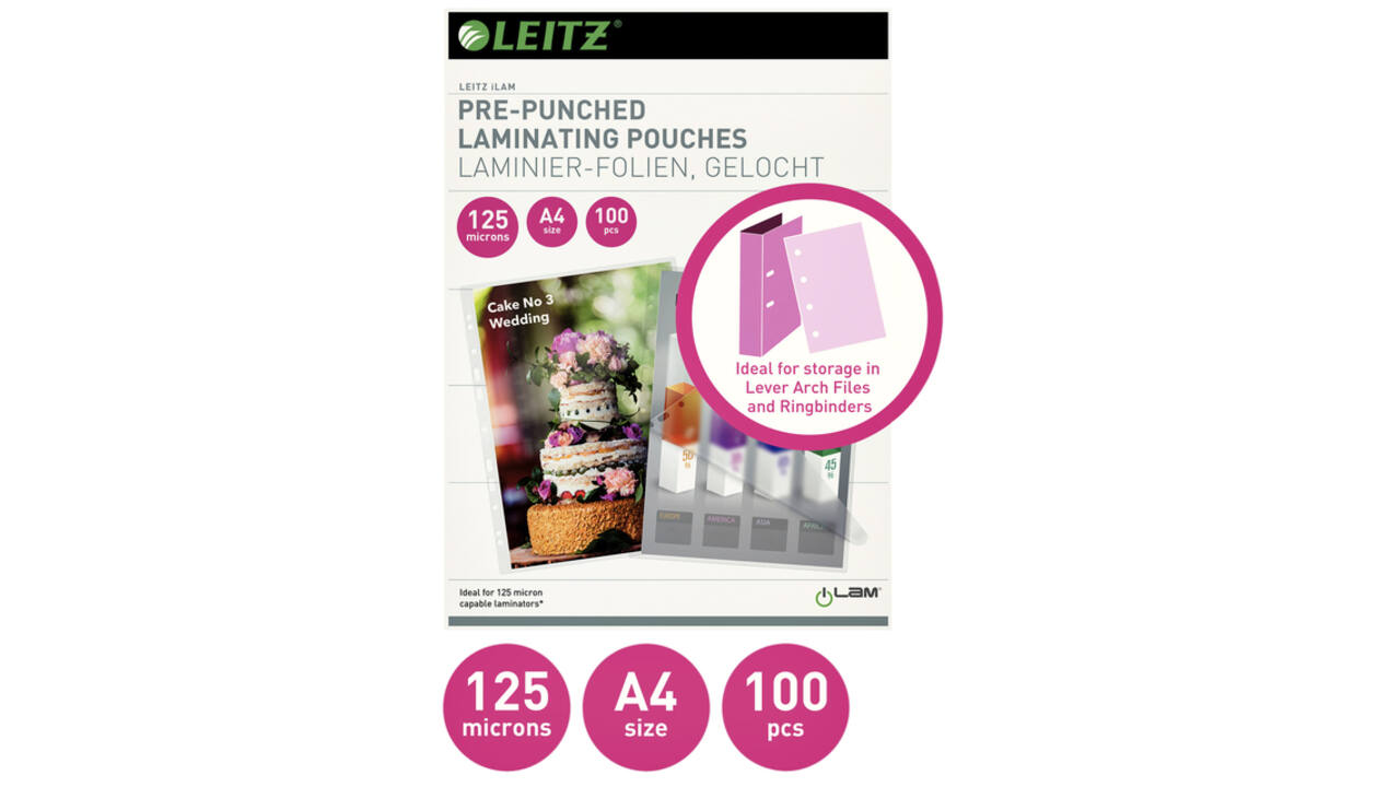 Lamineerhoes Leitz iLAM A4 met perforatieband 2x125micron EVA 100 stuks