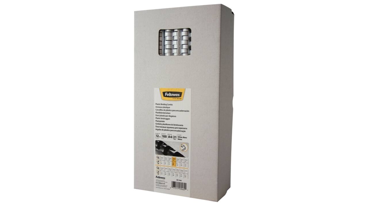 Bindrug Fellowes 12mm 21rings A4 wit 100 stuks