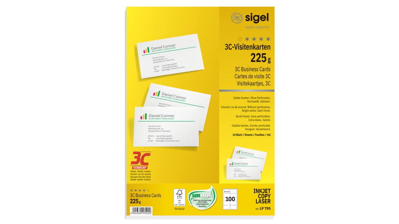 Visitekaart Sigel 85x55mm 225gr gladde zijden wit 100 stuks