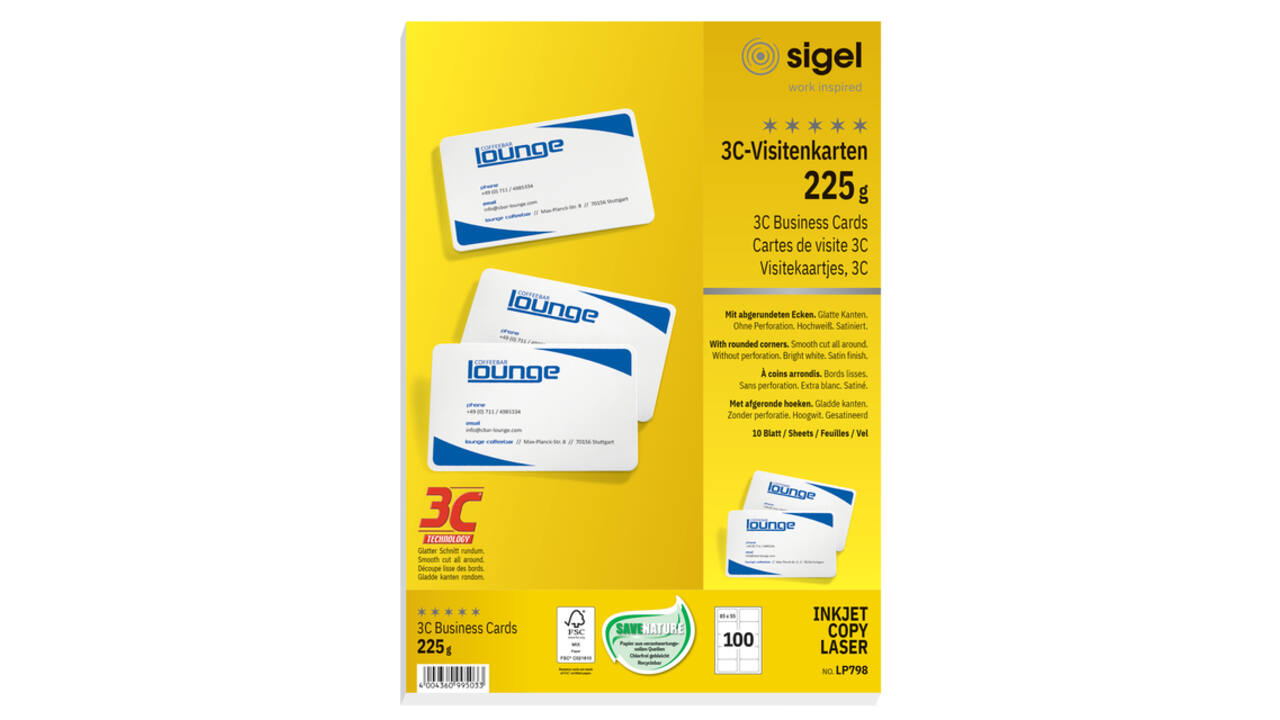 Visitekaart Sigel 85x55mm blanco 225gr ronde hoeken wit 100 stuks