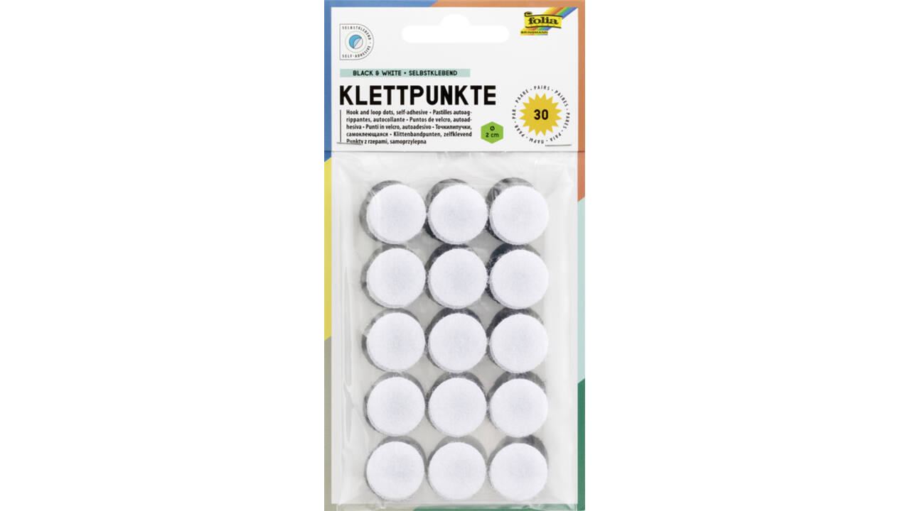 Klittenband Folia rond 2cm 15 stuks zwart 15 stuks wit