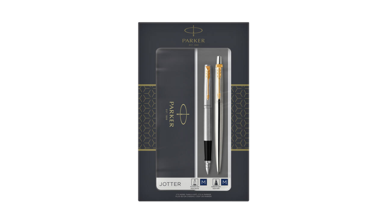 Balpen en vulpen Parker Jotter stainless steel GT medium 2 stuks