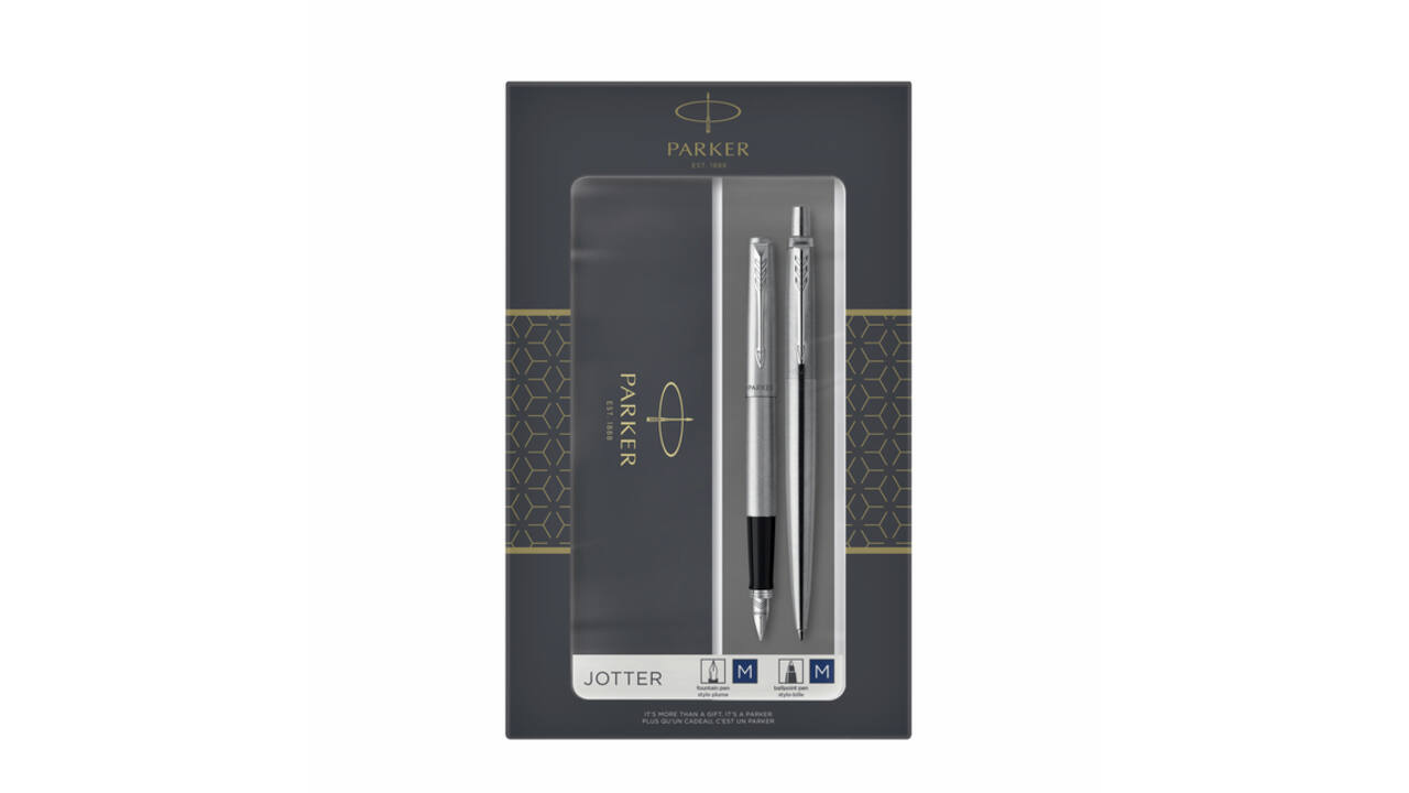Balpen en vulpen Parker Jotter stainless steel CT medium 2 stuks