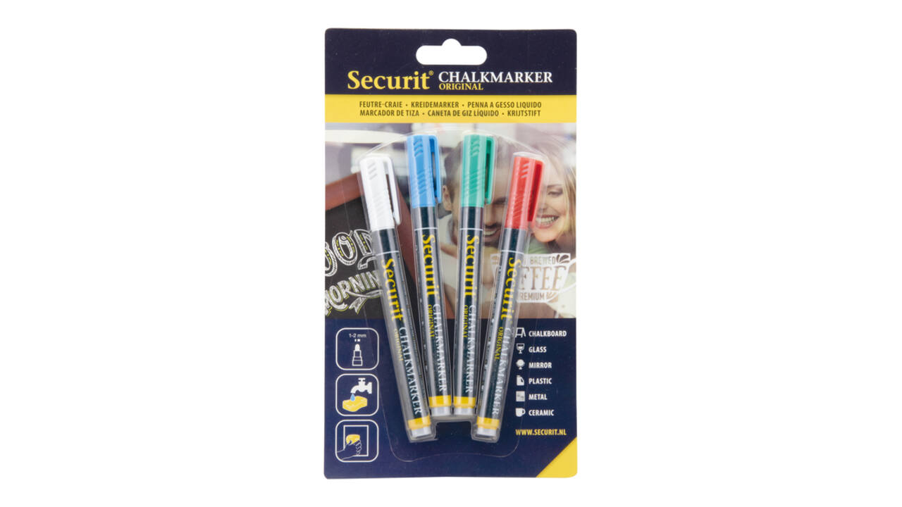 Krijtstift Securit SMA-100 rond 1-2mm wit/blauw/groen/rood blister à 4 stuks