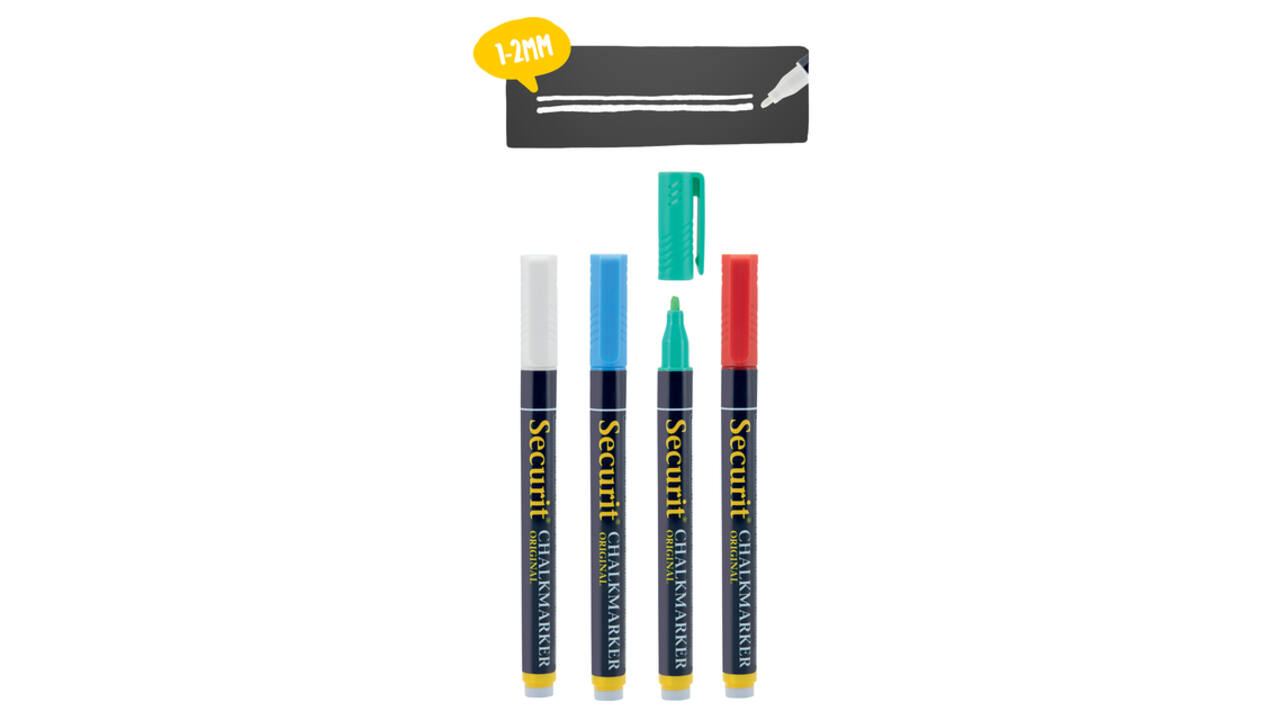 Krijtstift Securit SMA-100 rond 1-2mm wit/blauw/groen/rood blister à 4 stuks