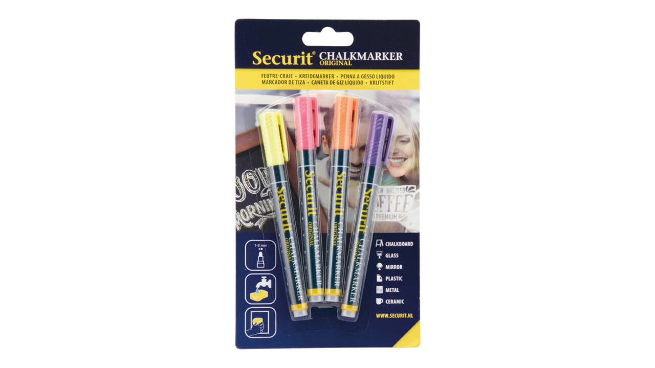 Krijtstift Securit SMA-100 rond 1-2mm geel/oranje/roze/paars blister à 4 stuks