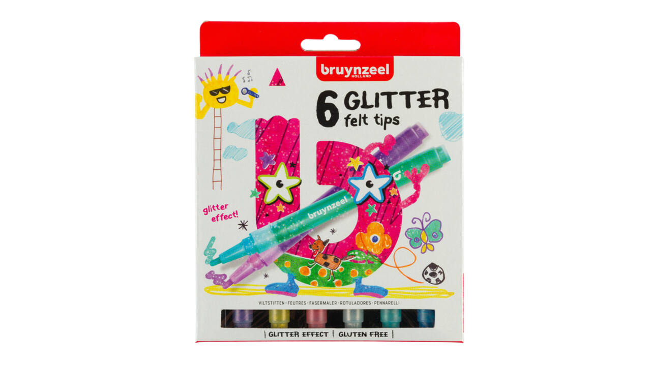 Viltstift Bruynzeel Kids assorti glitter 6 stuks