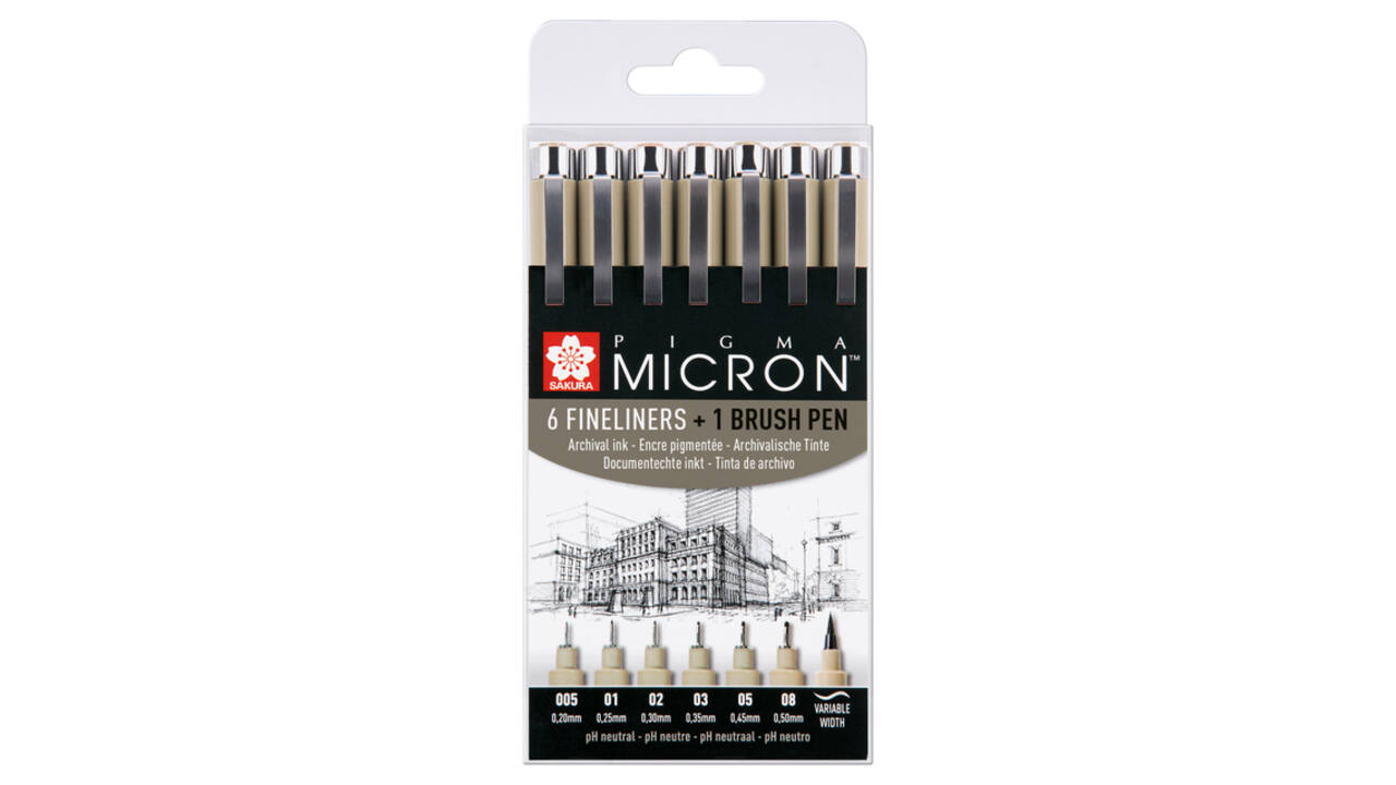 Fineliner Sakura Pigma Micron 6 schrijfbreedtes en brushpen zwart
