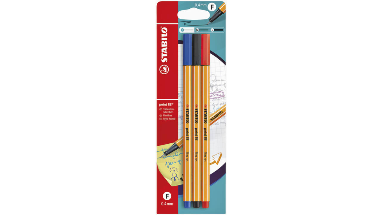 Fineliner STABILO point 88/3 fijn assorti blister à 3 stuks
