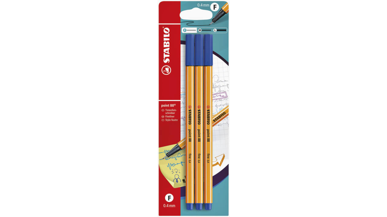 Fineliner STABILO point 88 fijn blauw blister à 3 stuks