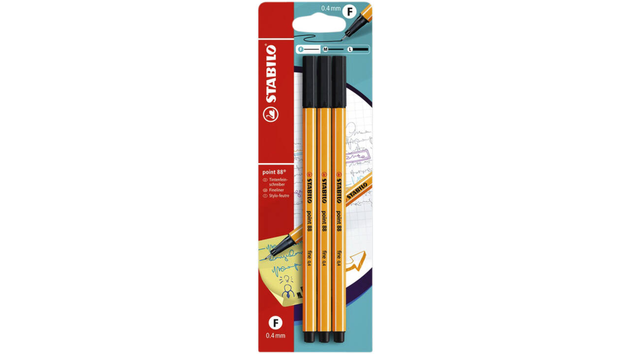 Fineliner STABILO point 88 fijn zwart blister à 3 stuks