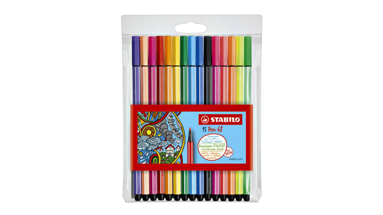 Viltstift STABILO Pen 68/15 medium assorti etui à 10+5 neon kleuren