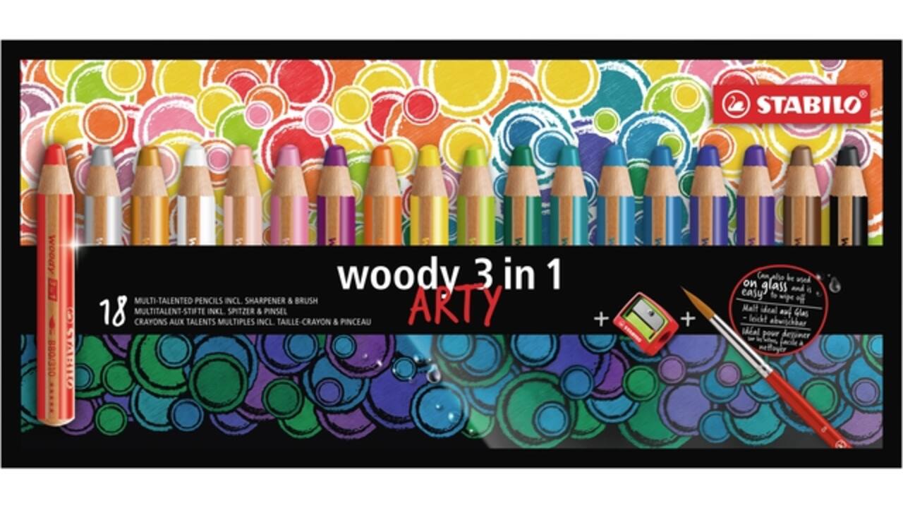 Kleurpotloden STABILO 880 woody 3 in 1 Arty + slijper+penseel ass 18st