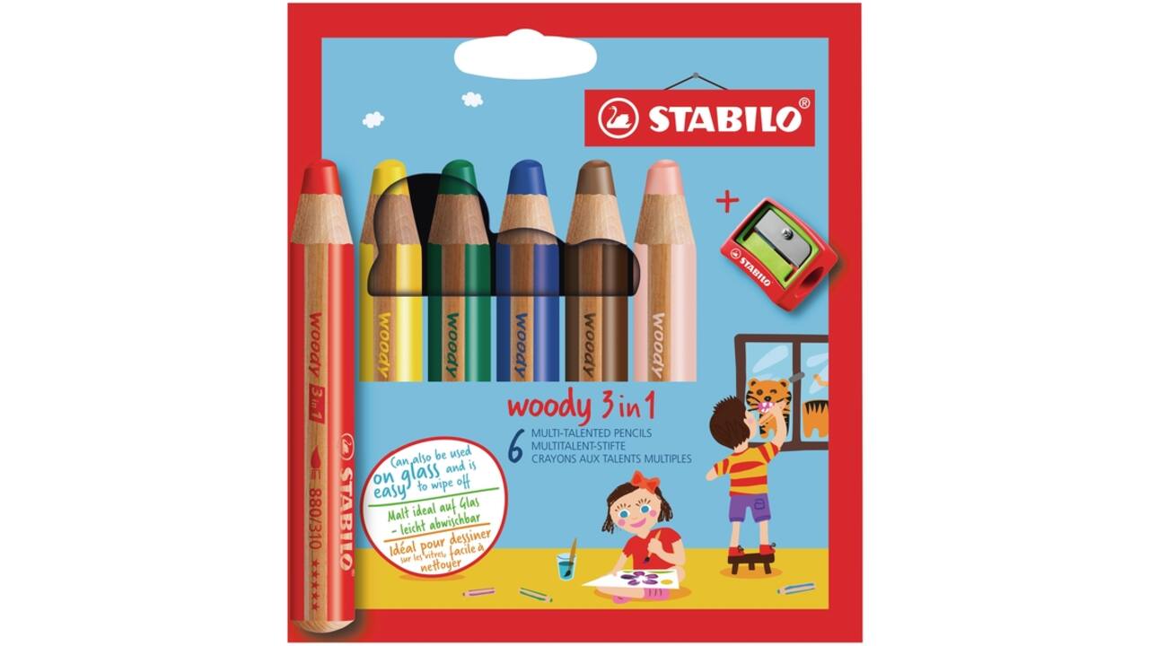 Kleurpotloden STABILO 880 woody 3 in 1 assorti etui à 6 stuks