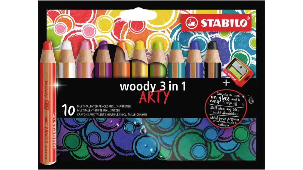 Kleurpotloden STABILO 880 woody 3 in 1 Arty incl slijper ass 10st
