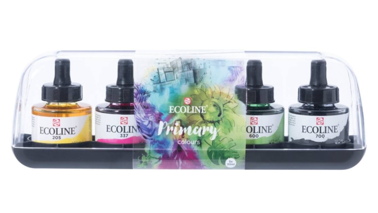 Inkt Talens Ecoline met pipet primary set à 5 ass