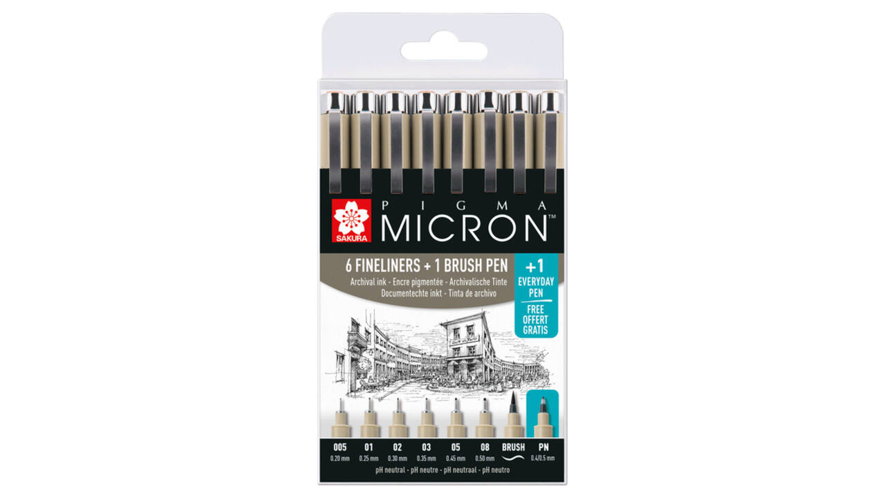 Fineliner Sakura Pigma Micron 6 schrijfbreedtes, brushpen en PN zwart