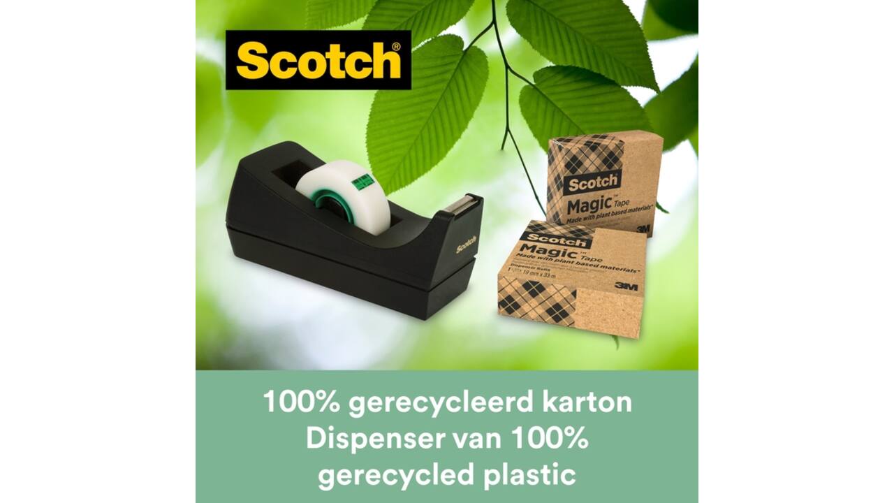 Plakbandhouder Scotch C38 recycled zwart + 3rol magic tape 900 19mmx33m