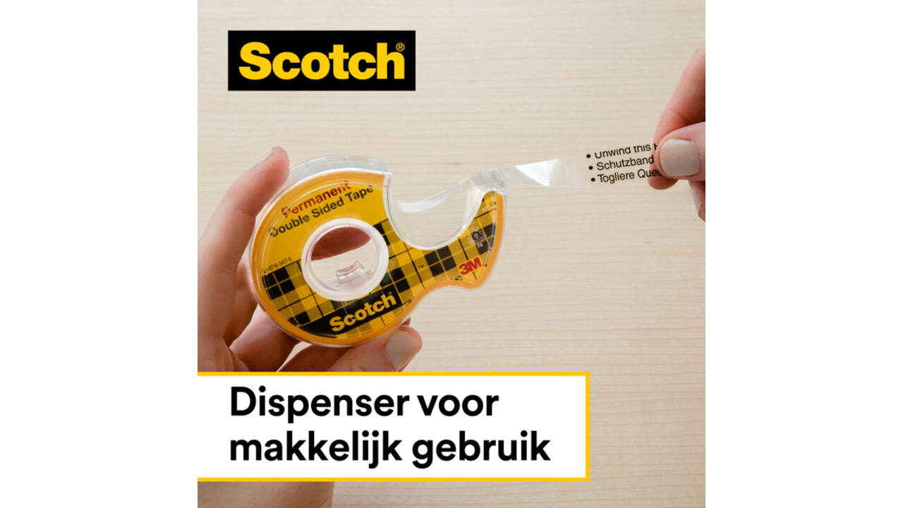 Plakband Scotch 665 12mmx6.3m dubbelzijdig + afroller
