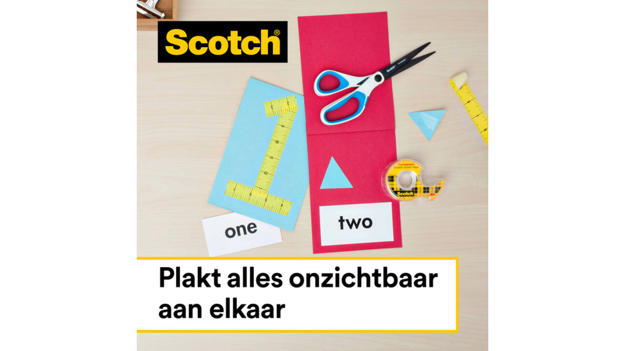 Plakband Scotch 665 12mmx6.3m dubbelzijdig + afroller