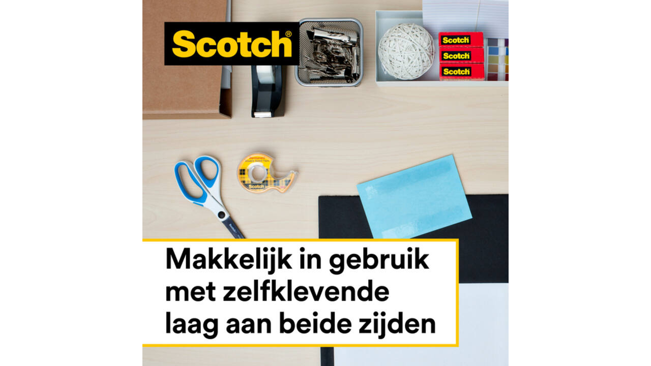 Plakband Scotch 665 12mmx6.3m dubbelzijdig + afroller