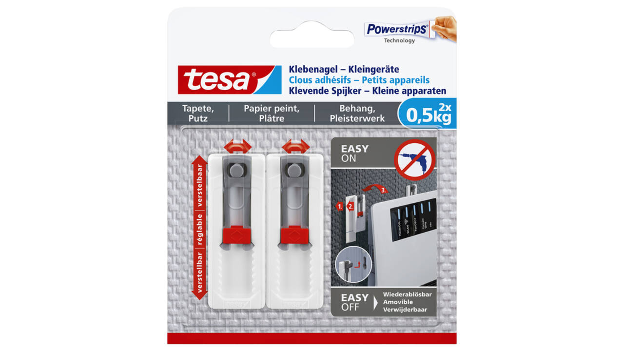 Klevende spijker tesa® kleine apparaten voor behang en pleisterwerk 0,5kg grijs-wit 2 stuks