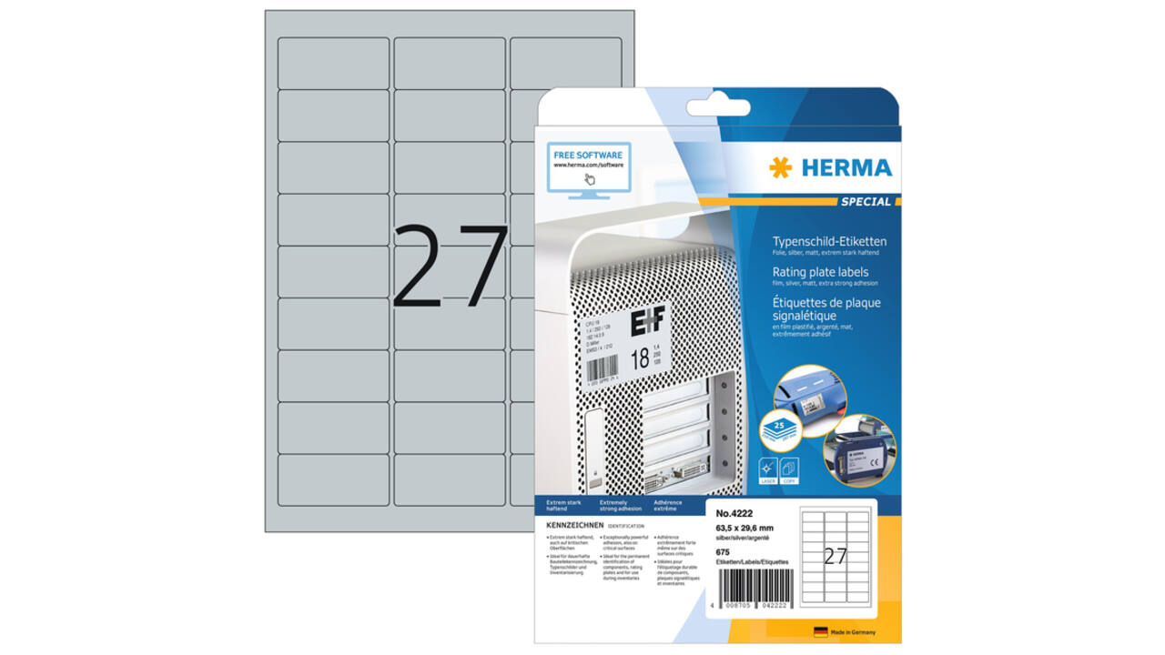 Etiket HERMA 4222 63.5x29.6mm weerbestendig zilver 675 stuks