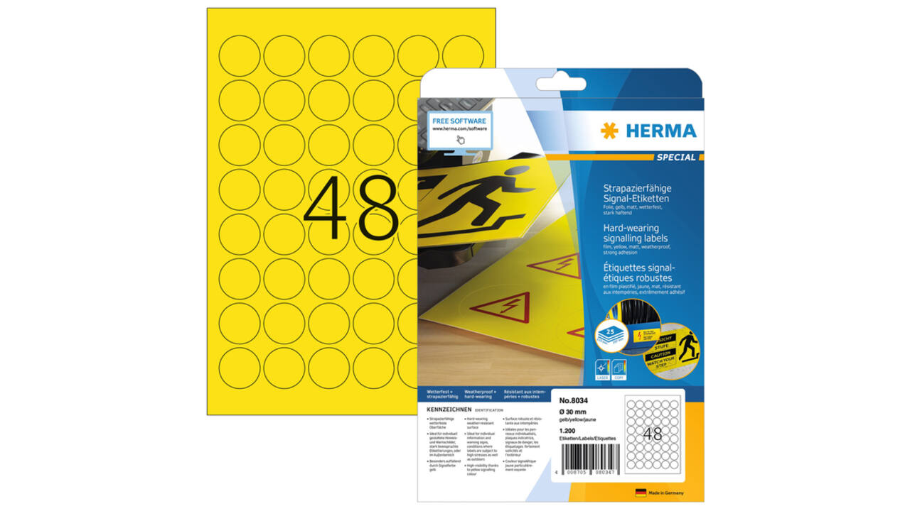 Etiket HERMA 8034 30mm rond weerbestendig geel 1200 stuks