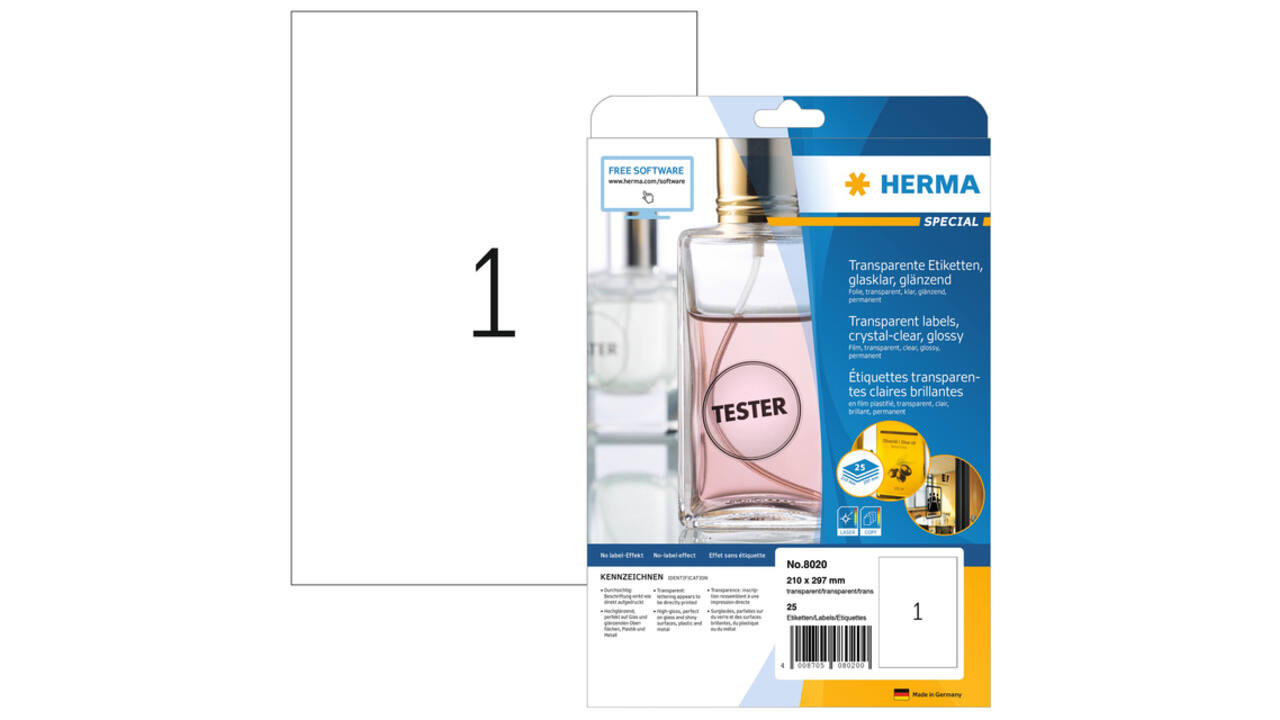 Etiket HERMA 8020 210x297mm transparant 25 stuks