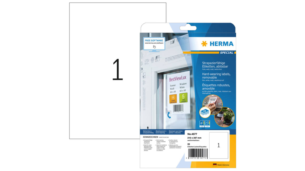 Etiket HERMA 4577 210x297mm folie wit 20 stuks