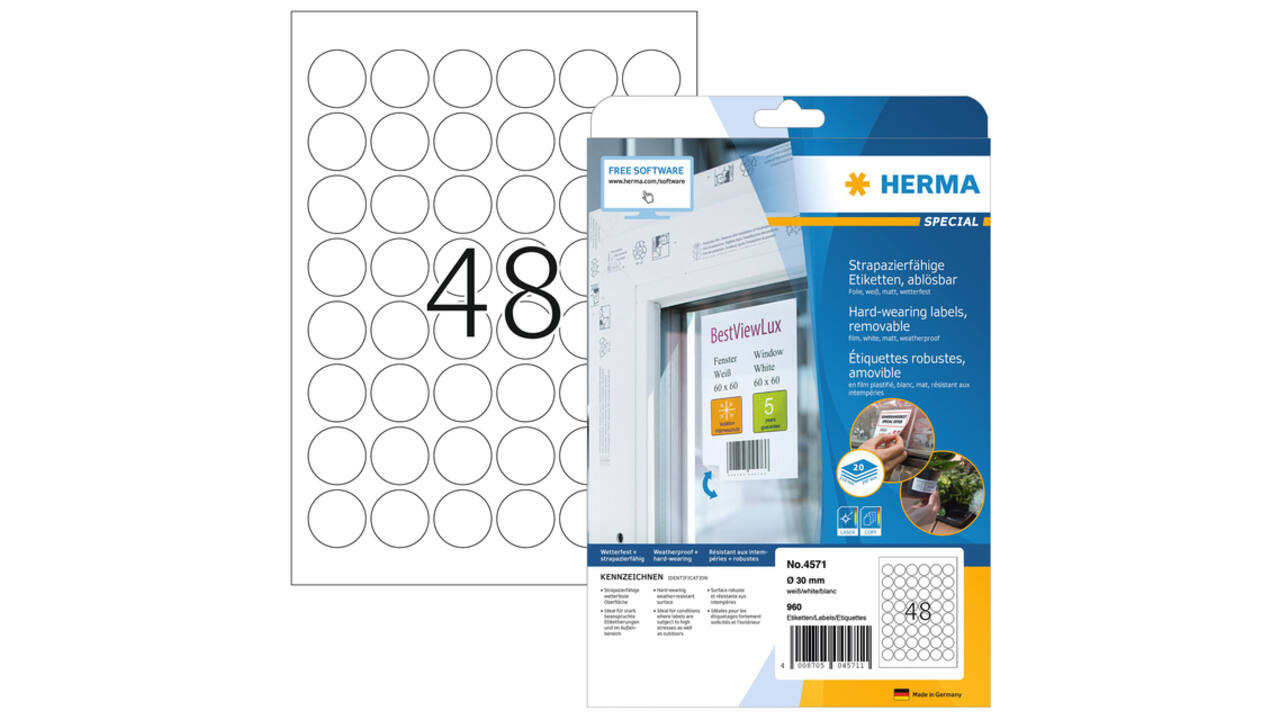 Etiket HERMA 4571 30mm rond folie wit 960 stuks