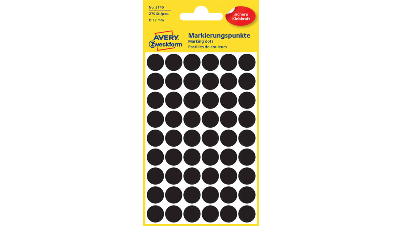 Etiket Avery 3140 rond 12mm zwart 270 stuks