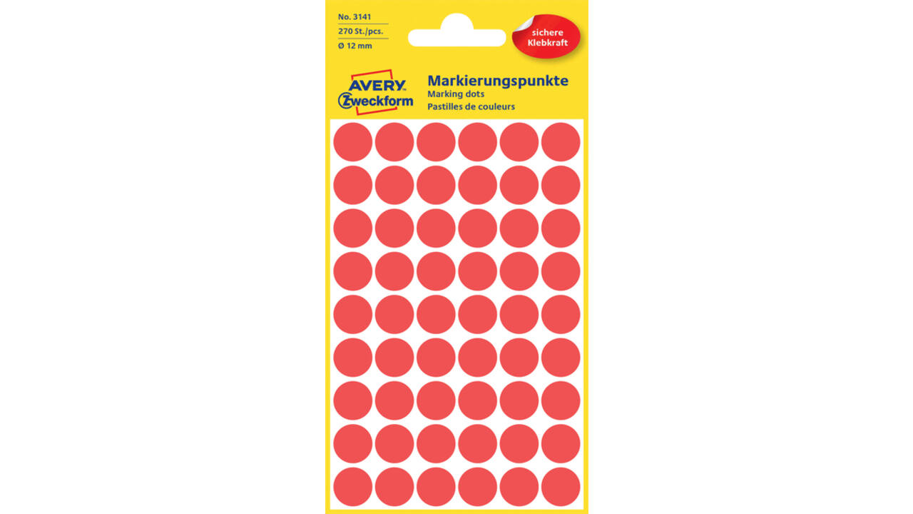 Etiket Avery 3141 rond 12mm rood 270 stuks