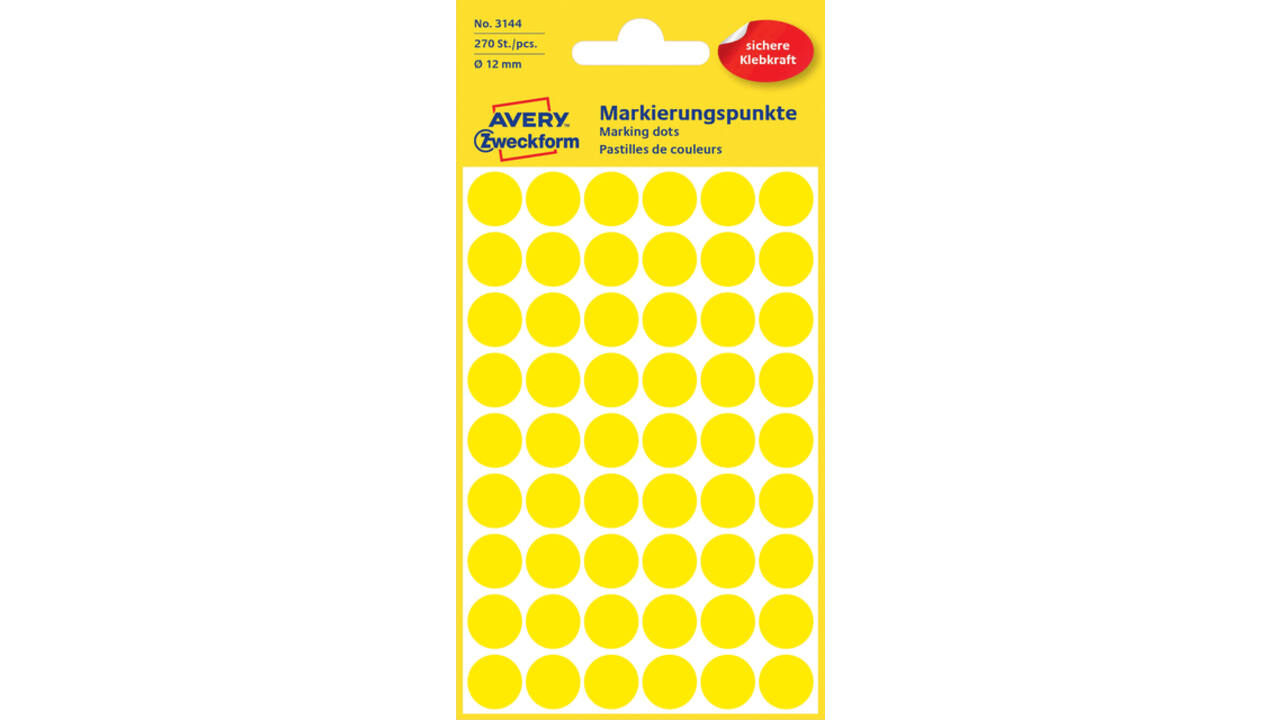 Etiket Avery 3144 rond 12mm geel 270 stuks