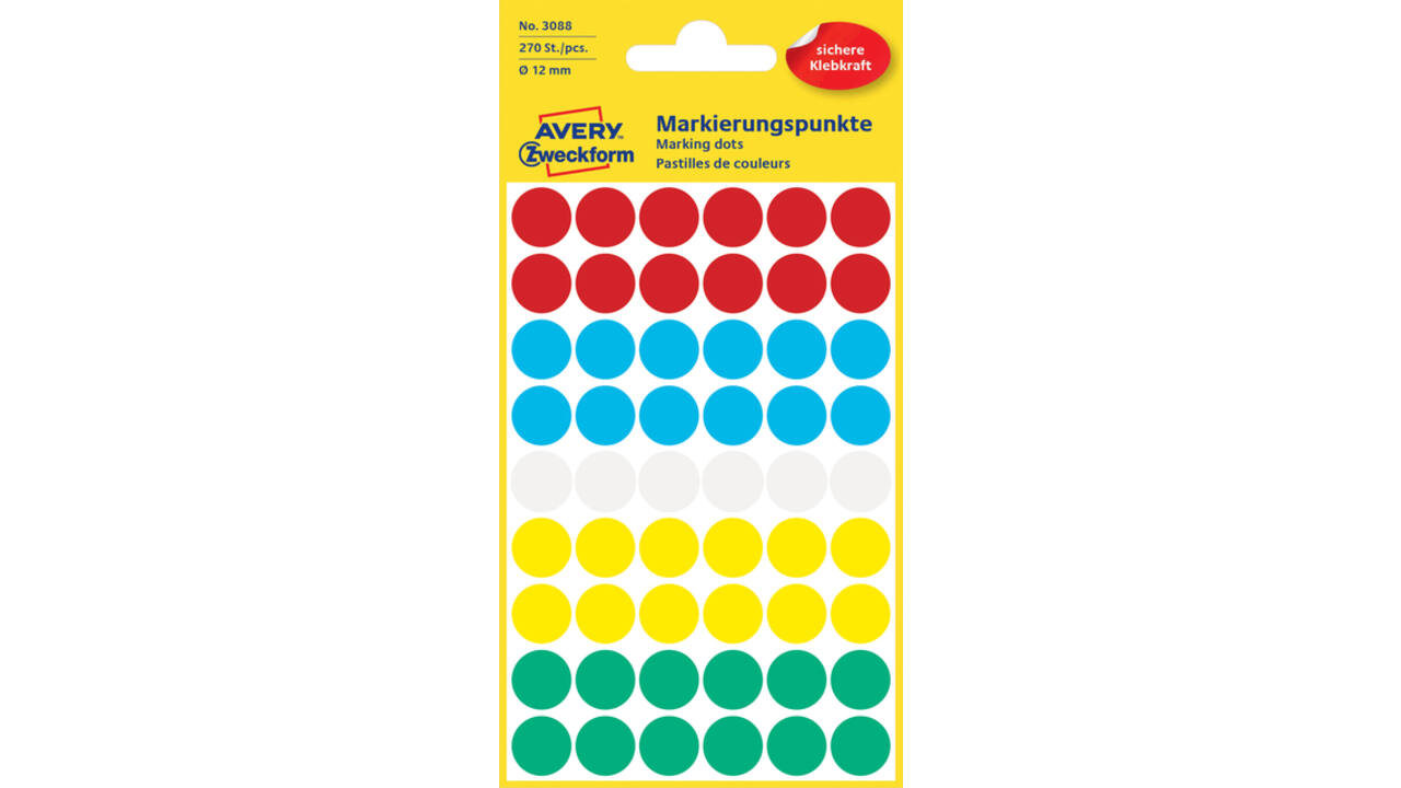Etiket Avery 3088 rond 12mm assorti 270 stuks