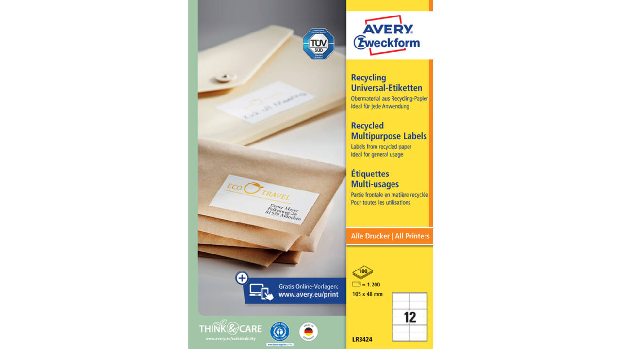 Etiket Avery LR3424 105x48mm recycled wit 1200 stuks