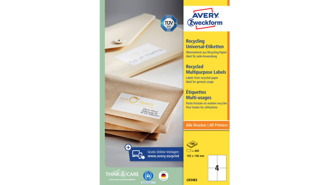 Etiket Avery LR3483 105x148mm recycled wit 400 stuks