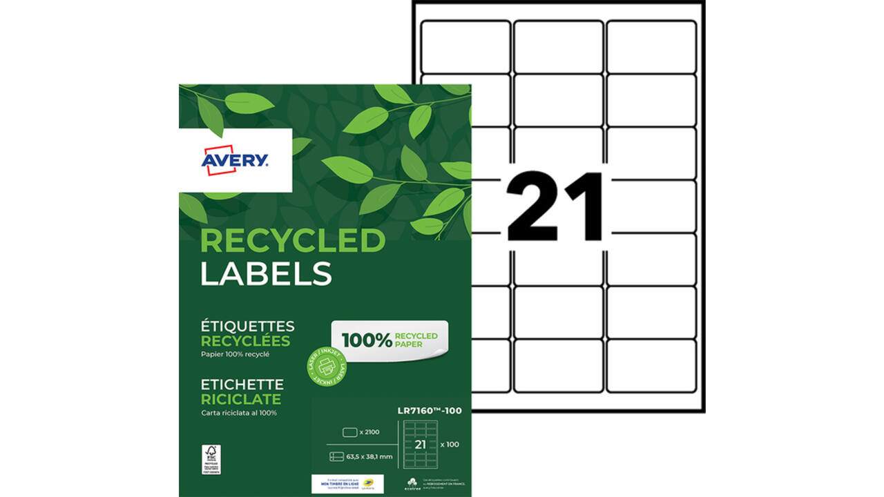 Etiket Avery LR7160-100 63.5x38.1mm recycled wit 2100 stuks
