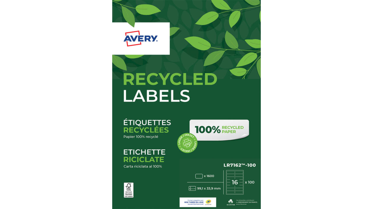Etiket Avery LR7162-100 99.1x33.9mm recycled wit 1600 stuks